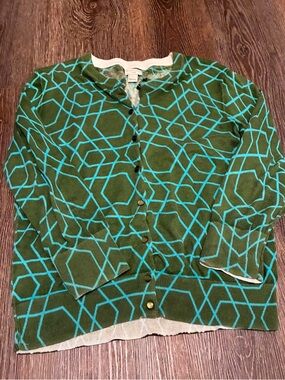 J. Crew Olive and Teal Geometric Knit Cardigan